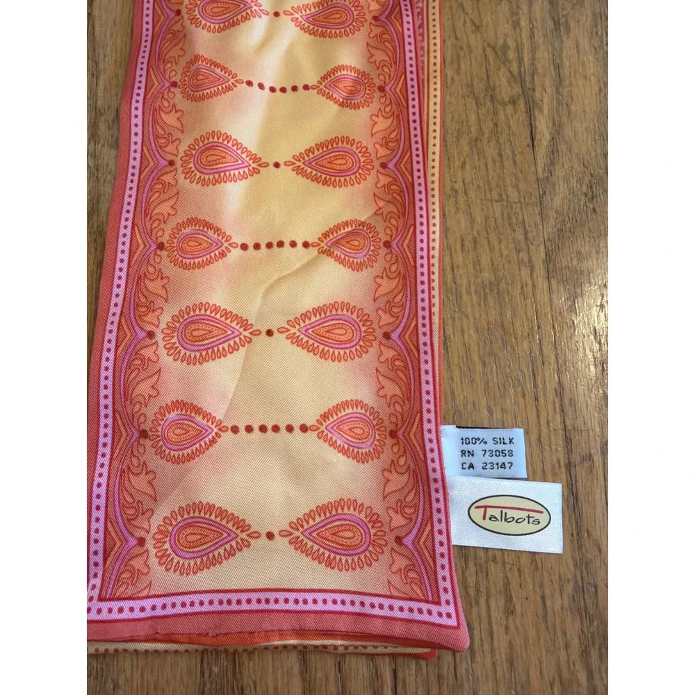 Talbots 100% Silk Skinny Scarf Orange Pink Paisley Teardrop Necktie Accessory